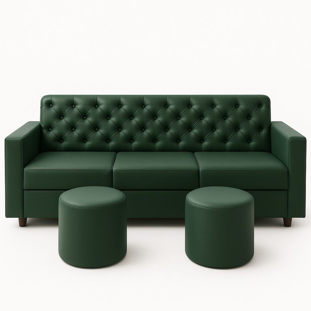 Luxury Emerald Green Button Tufted 3-Seater Sofa with 2 Matching Pouffes – RVJ Furnitures