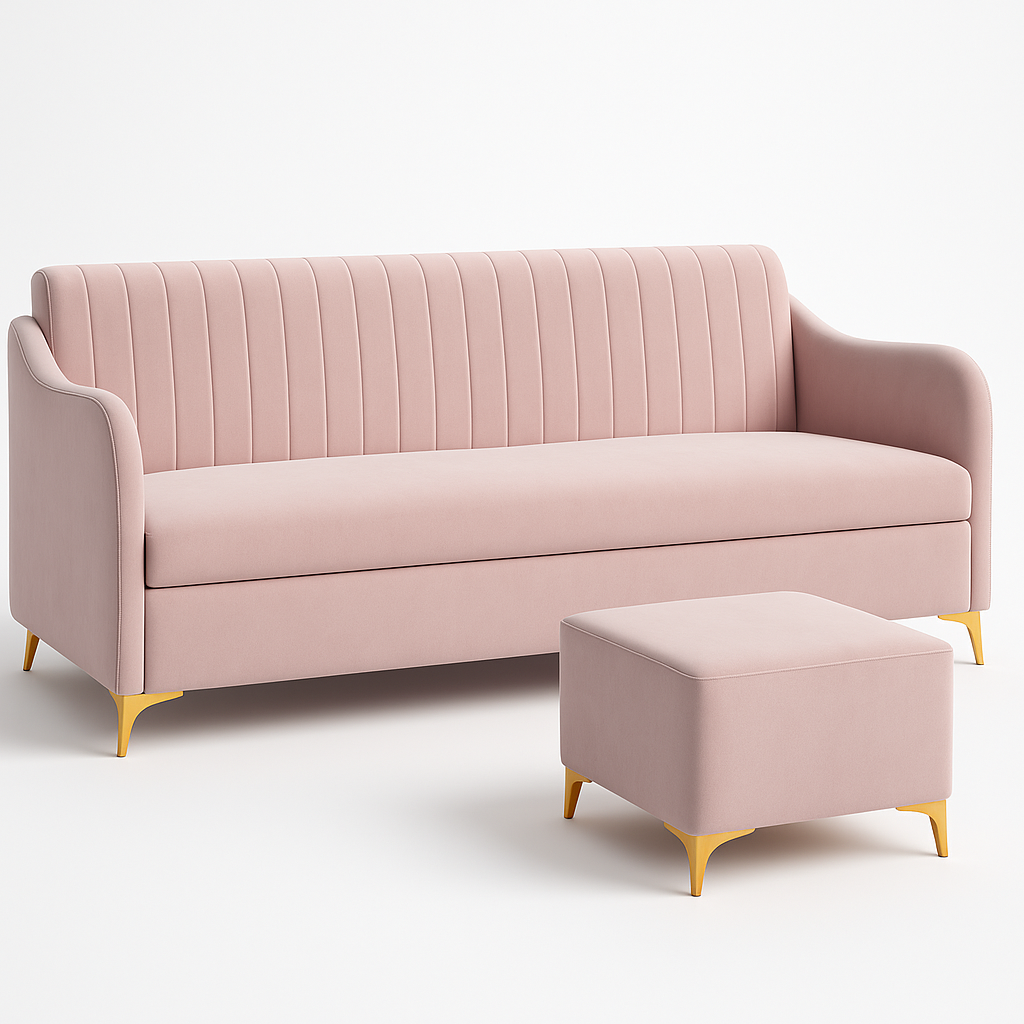 Luxury Blush Pink Channel Tufted Sofa with Gold Legs & Matching Ottoman – RVJ Furnitures