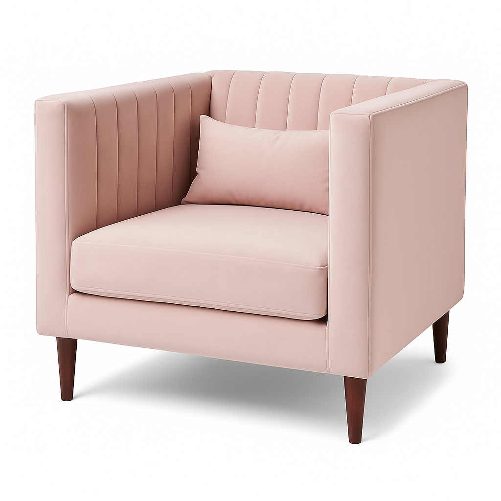 Blush Pink Velvet Channel Tufted Armchair with Lumbar Pillow & Tapered Wood Legs – Mid-Century Modern