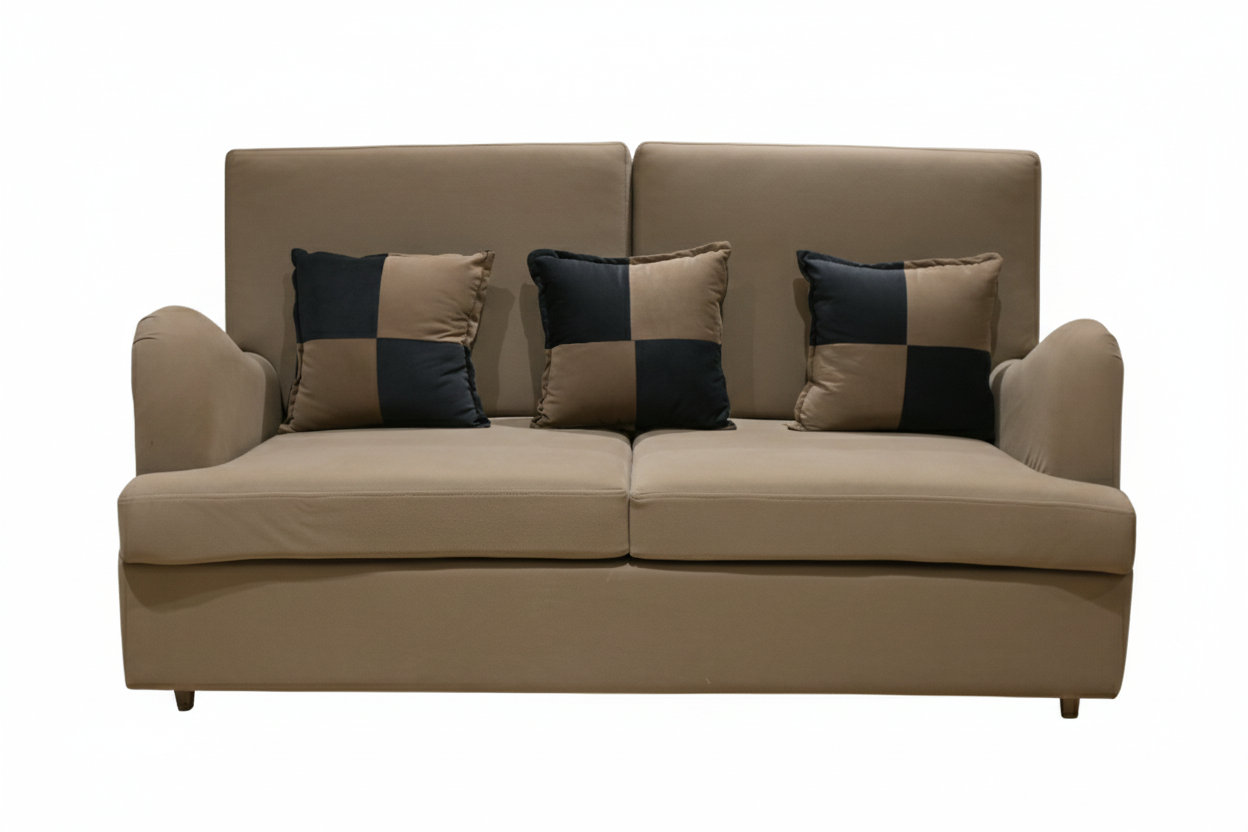 Modern High-Back Beige Sofa with Dual-Tone Checkered Pillows – RVJ Furnitures